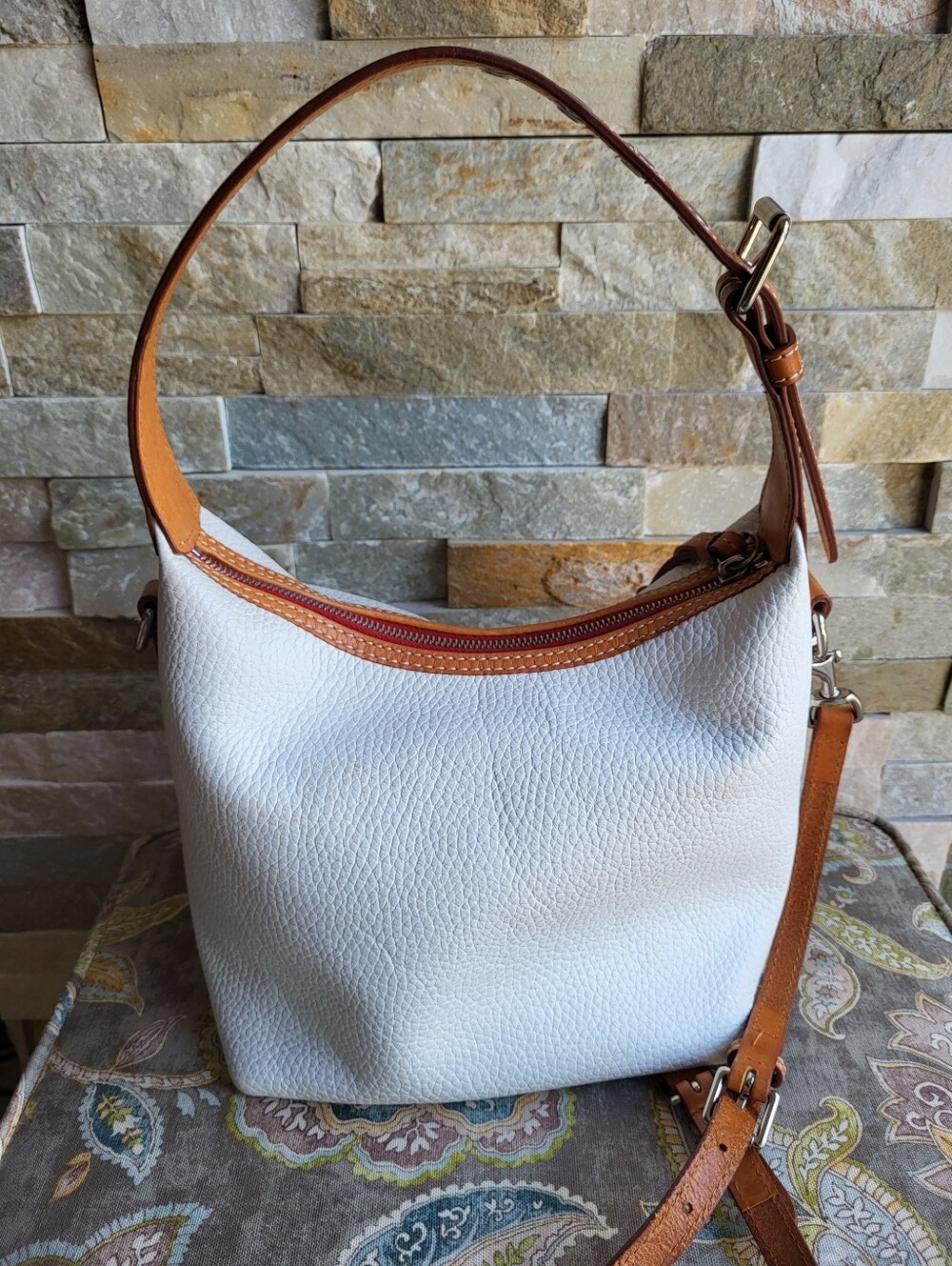 Dooney & Bourke Paige White Pebbled Leather Shoulder Bag with Tan Leather Trim - Picture 5 of 9